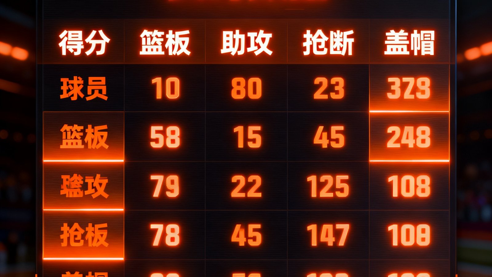篮球赛事数据面板，展示球员得分篮板助攻抢断盖帽等实时数据，霓虹橙色主题深色背景